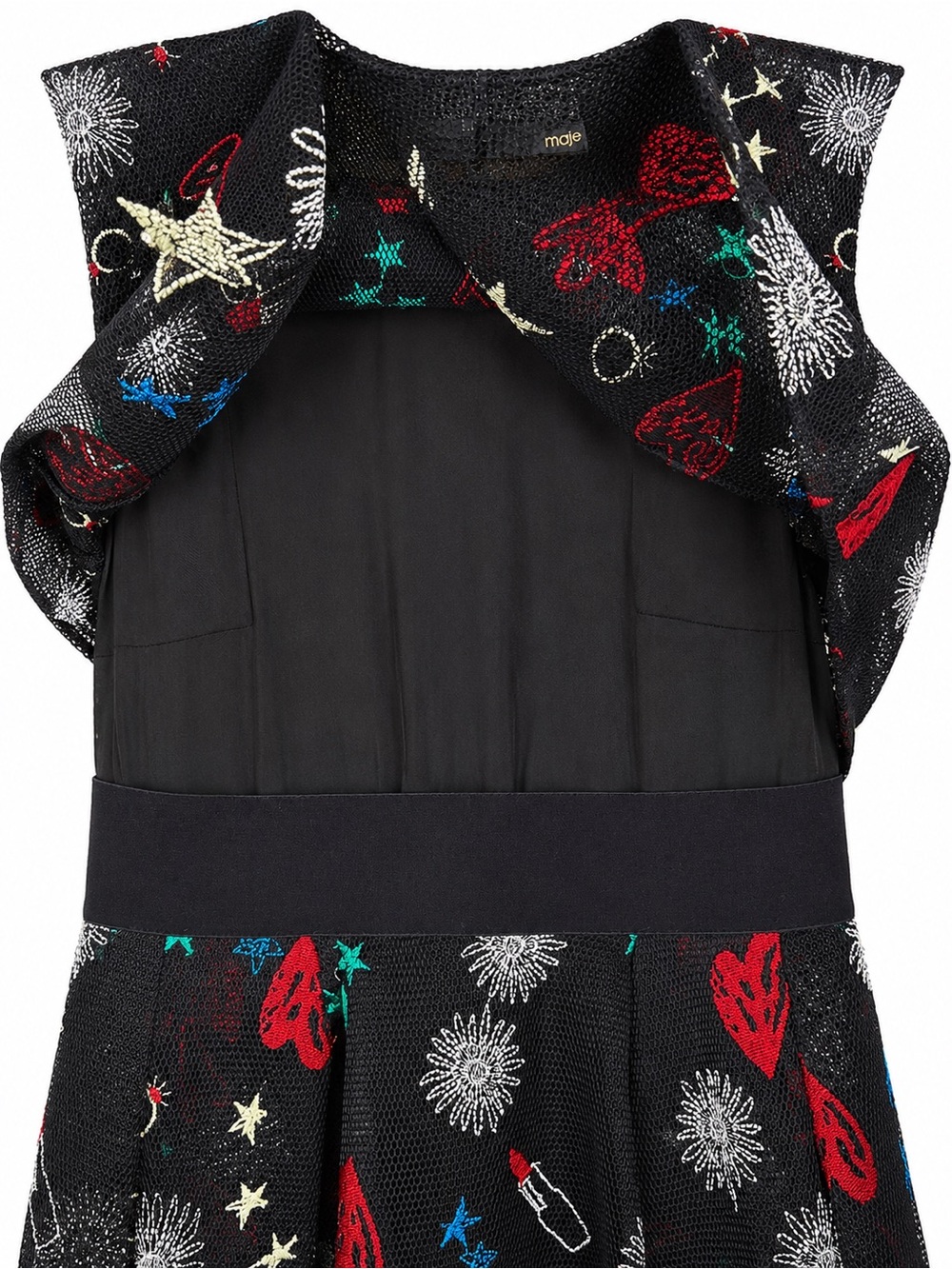 Maje Rachel Heart Floral Embroidered Mesh Mini Dress Black Sleeveless ALine 
Sz2 - Picture 5 of 11